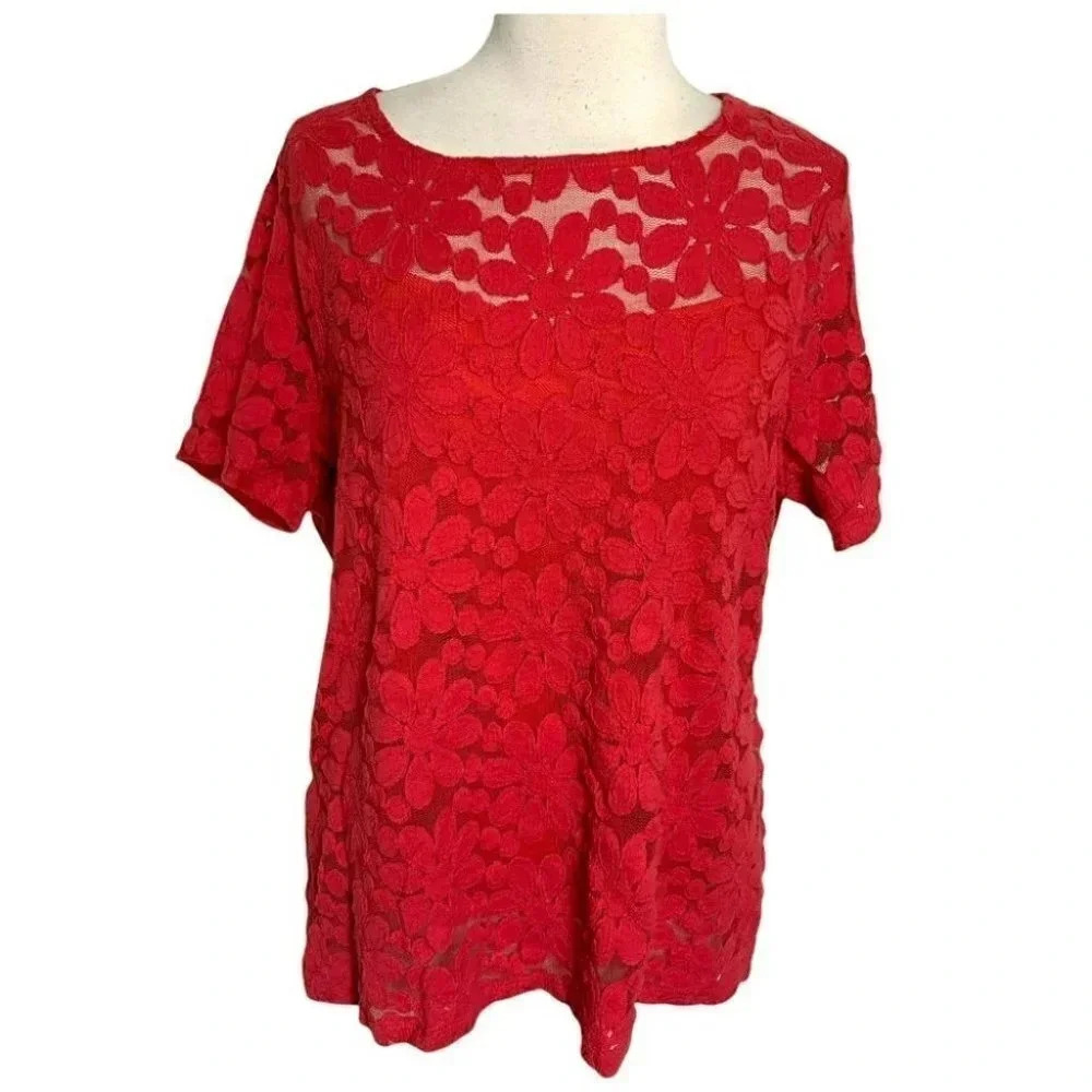 INC International Concepts Blouse 1X Red Floral Lace Short Sleeve‎ Keyhole Back